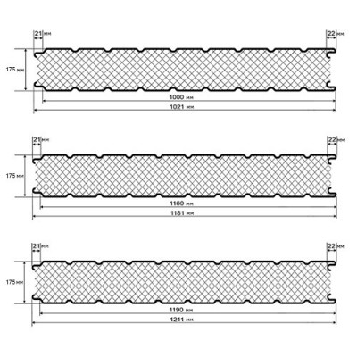 Стеновые сэндвич панели пенополистирол, ширина 1000 мм, толщина 175 мм, 0.5/0.5, RAL1015