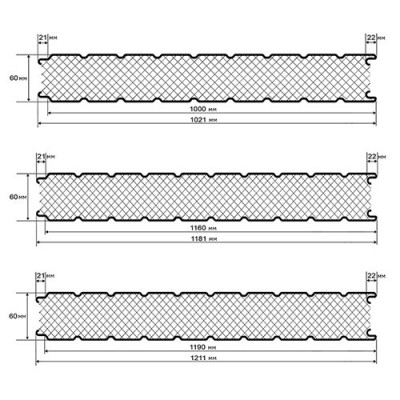 Стеновые сэндвич панели пенополистирол, ширина 1000 мм, толщина 60 мм, 0.5/0.5, RAL3005